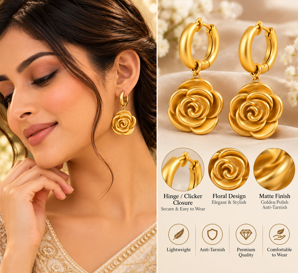 Golden Floral Spiral Hoop Dangler Earrings