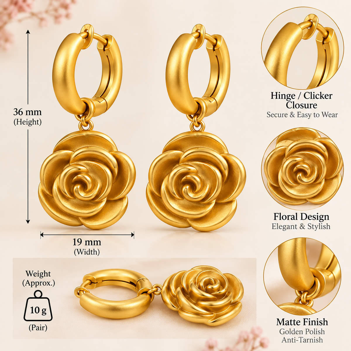 Golden Floral Spiral Hoop Dangler Earrings