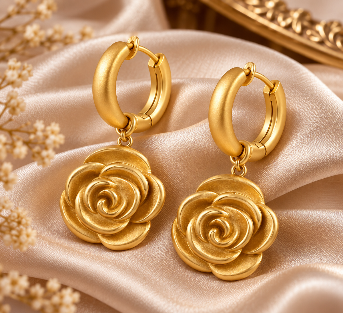 Golden Floral Spiral Hoop Dangler Earrings