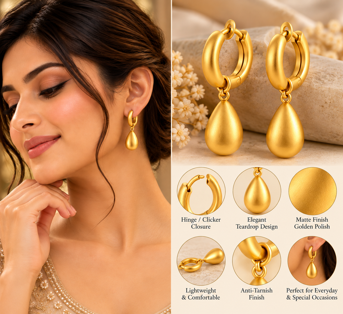 Golden Teardrop Hoop Dangle Earrings
