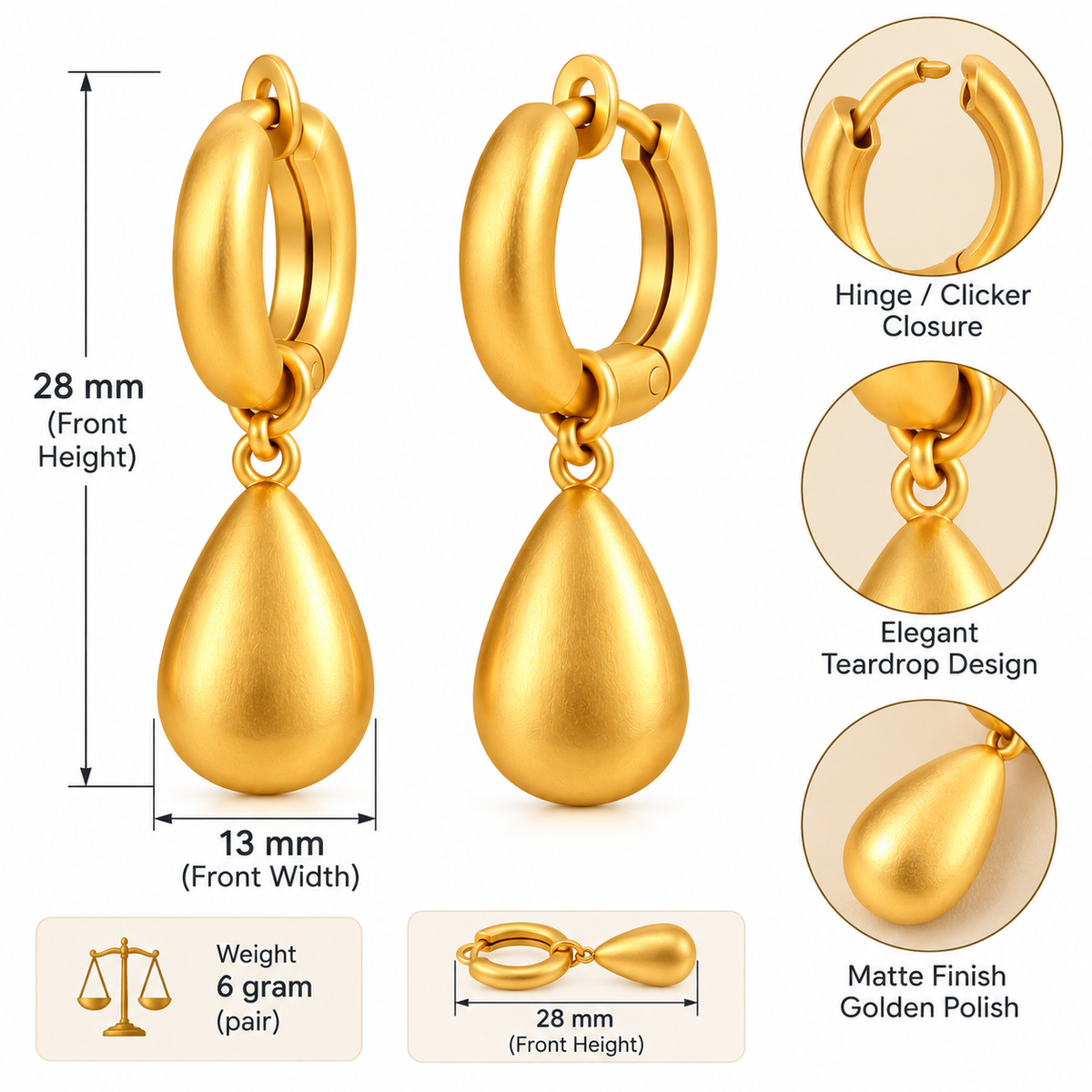 Golden Teardrop Hoop Dangle Earrings