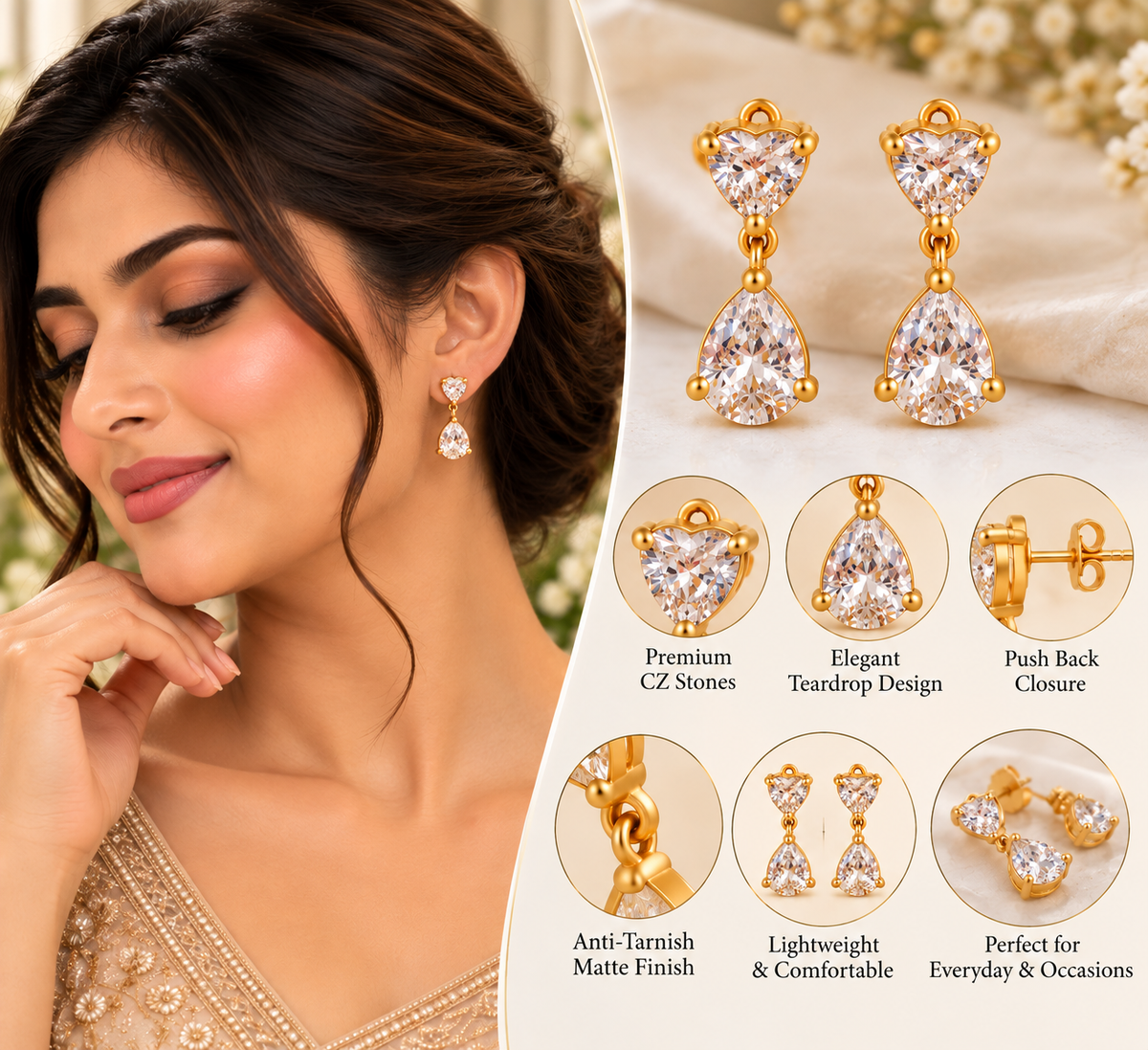 Golden CZ Teardrop Drop Earrings