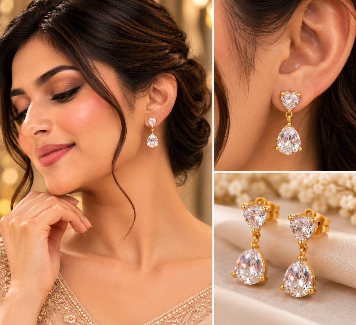 Golden CZ Teardrop Drop Earrings