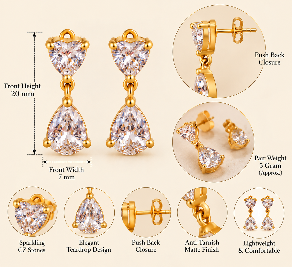 Golden CZ Teardrop Drop Earrings