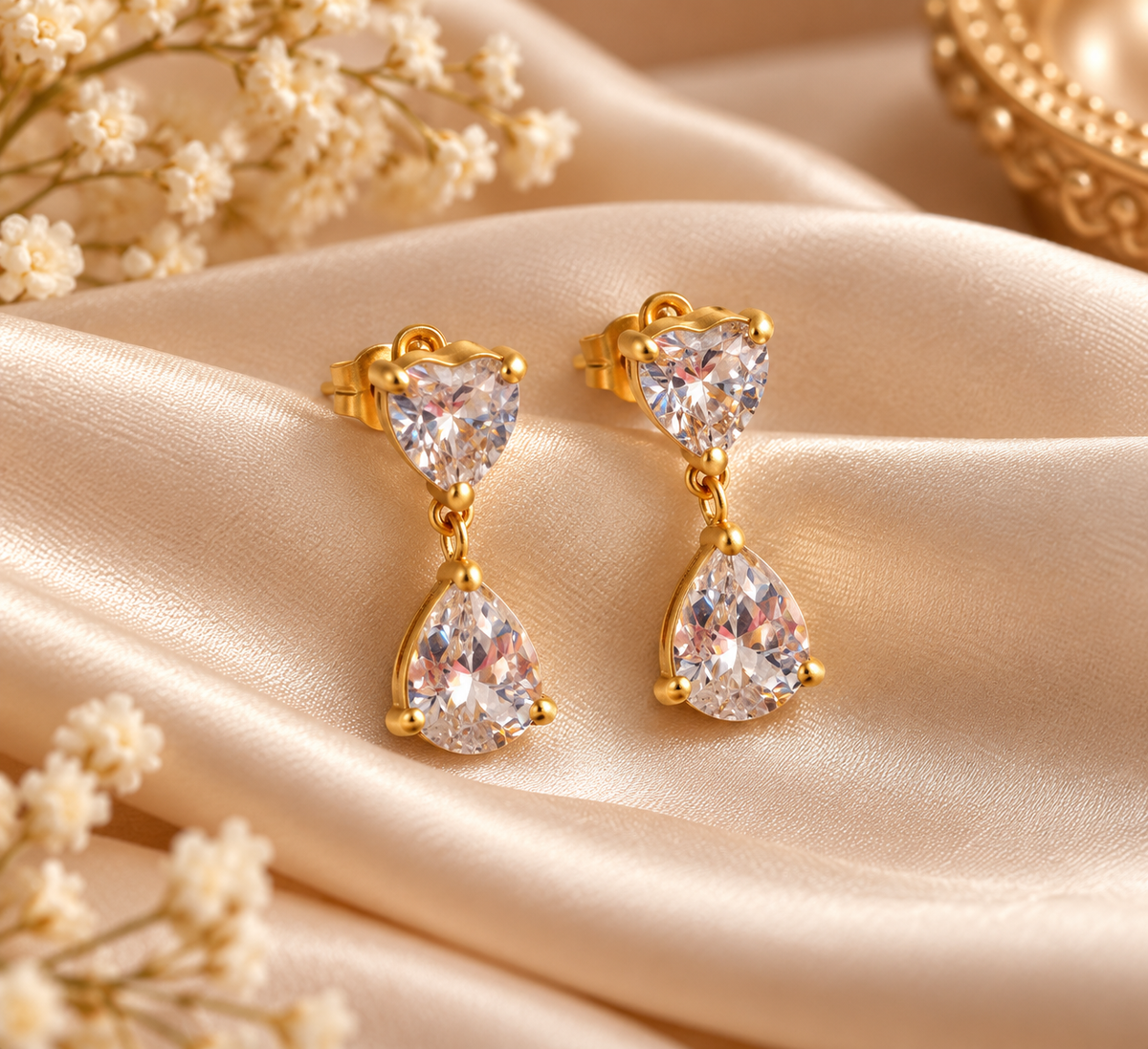 Golden CZ Teardrop Drop Earrings