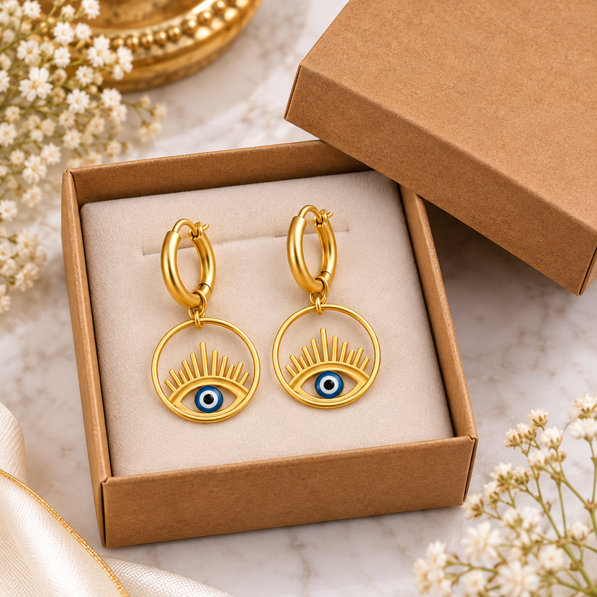 Golden Evil Eye Hoop Dangle Earrings