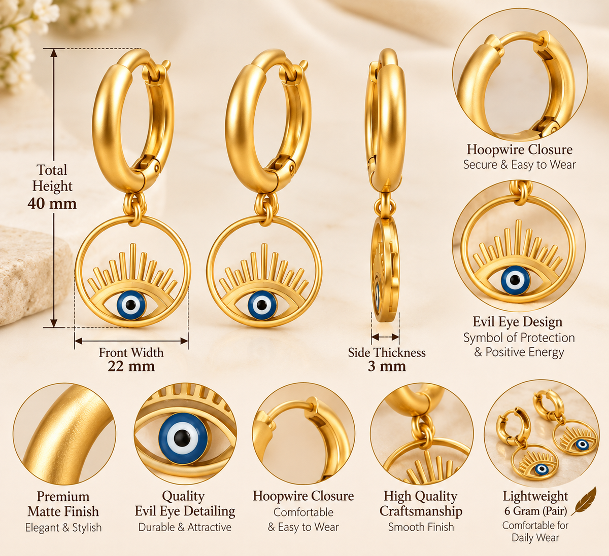 Golden Evil Eye Hoop Dangle Earrings