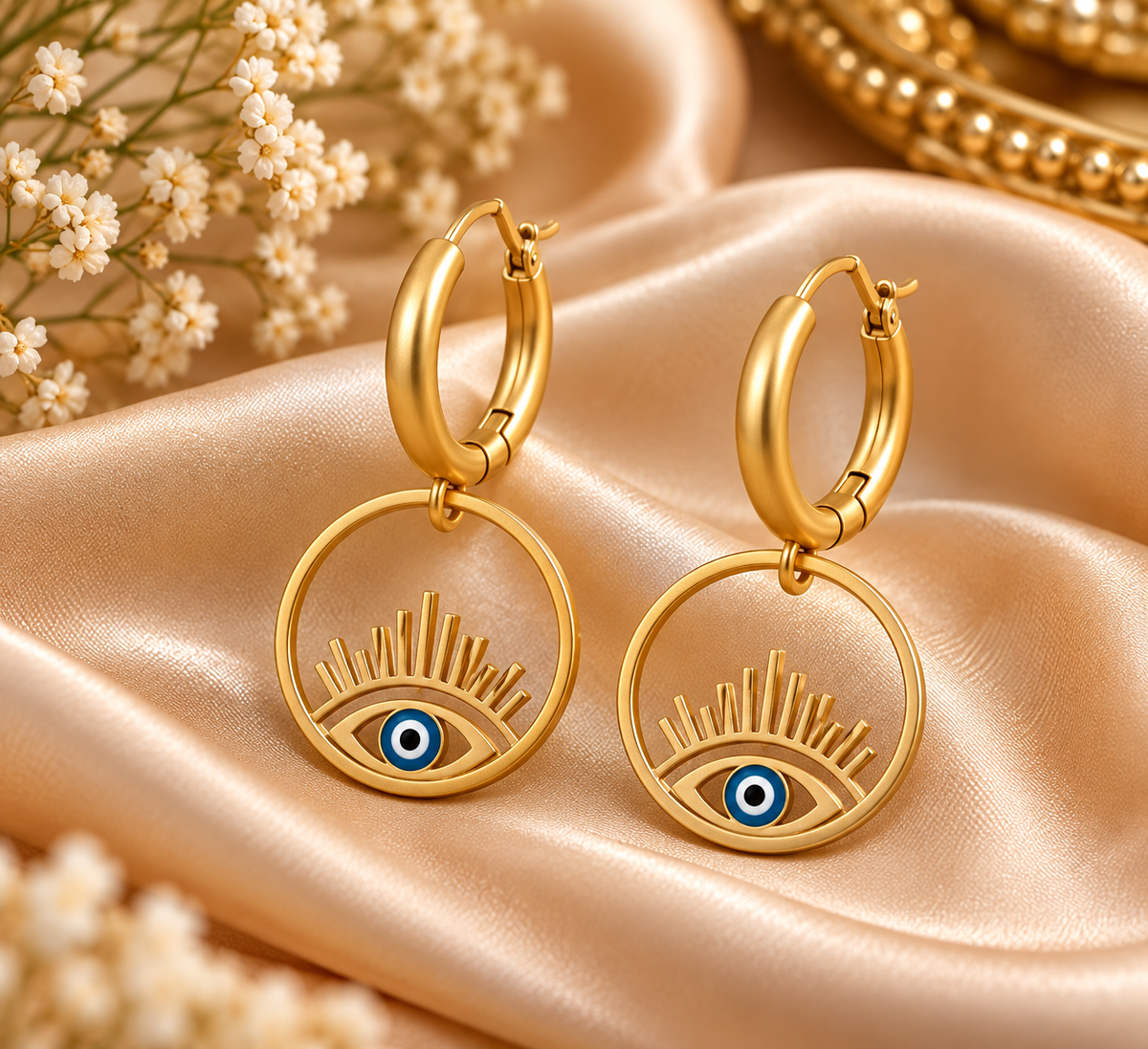 Golden Evil Eye Hoop Dangle Earrings