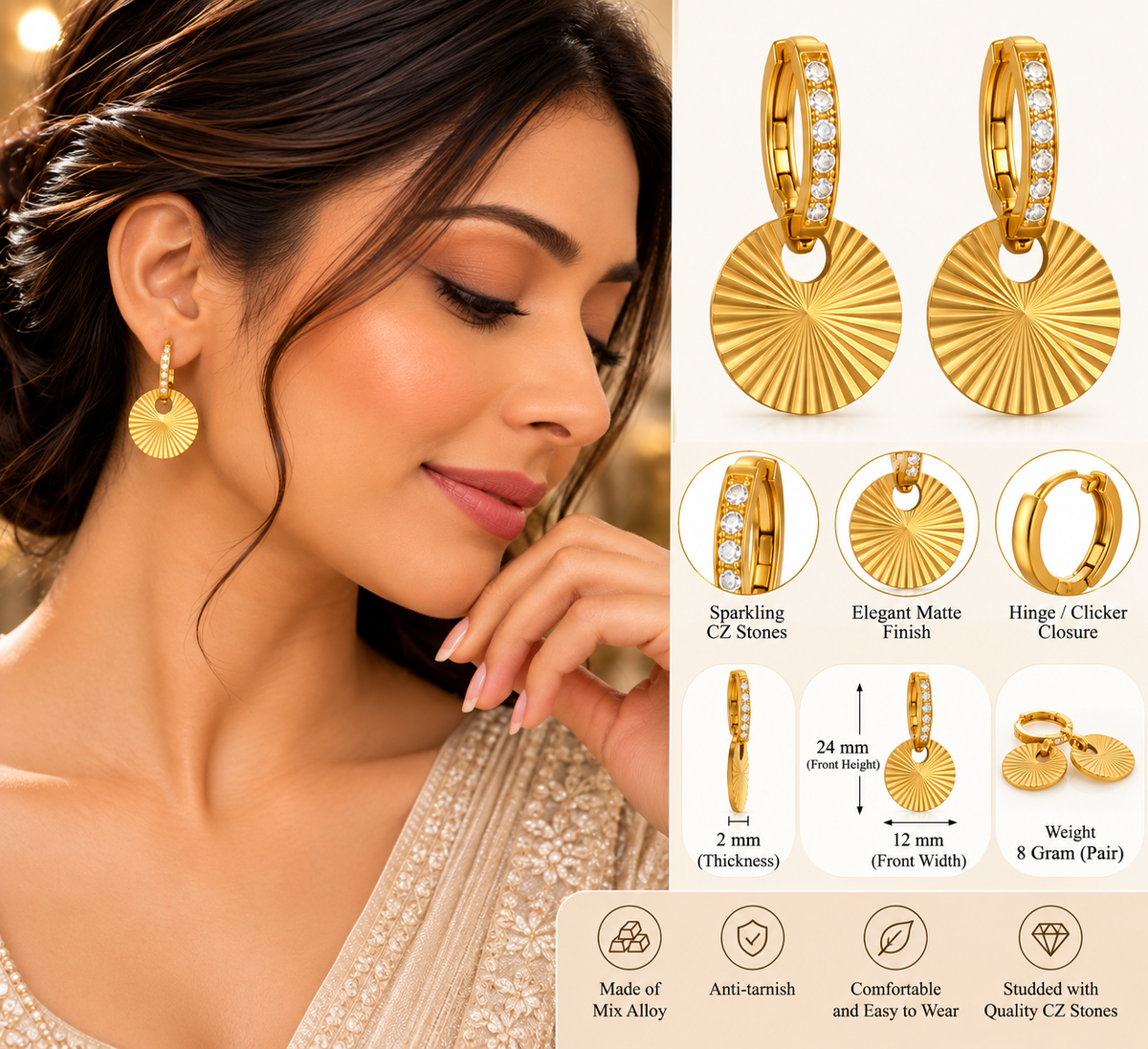 Golden CZ Sunburst Hoop Dangle Earrings