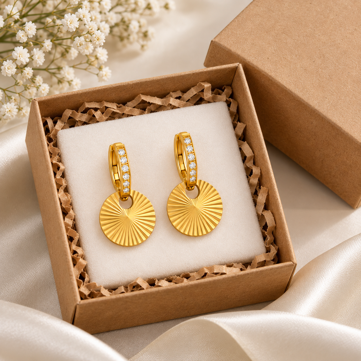 Golden CZ Sunburst Hoop Dangle Earrings