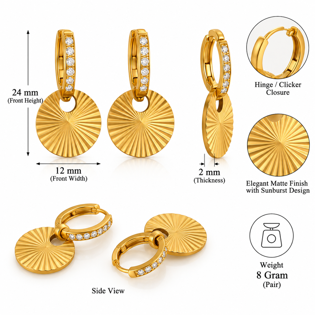 Golden CZ Sunburst Hoop Dangle Earrings
