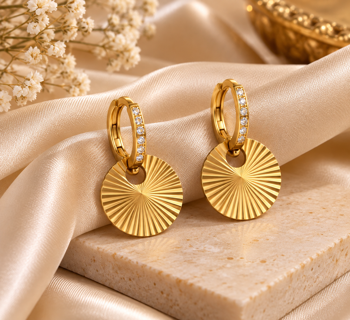 Golden CZ Sunburst Hoop Dangle Earrings