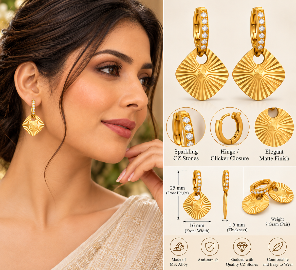 Golden CZ Sunburst Hoop Dangle Earrings