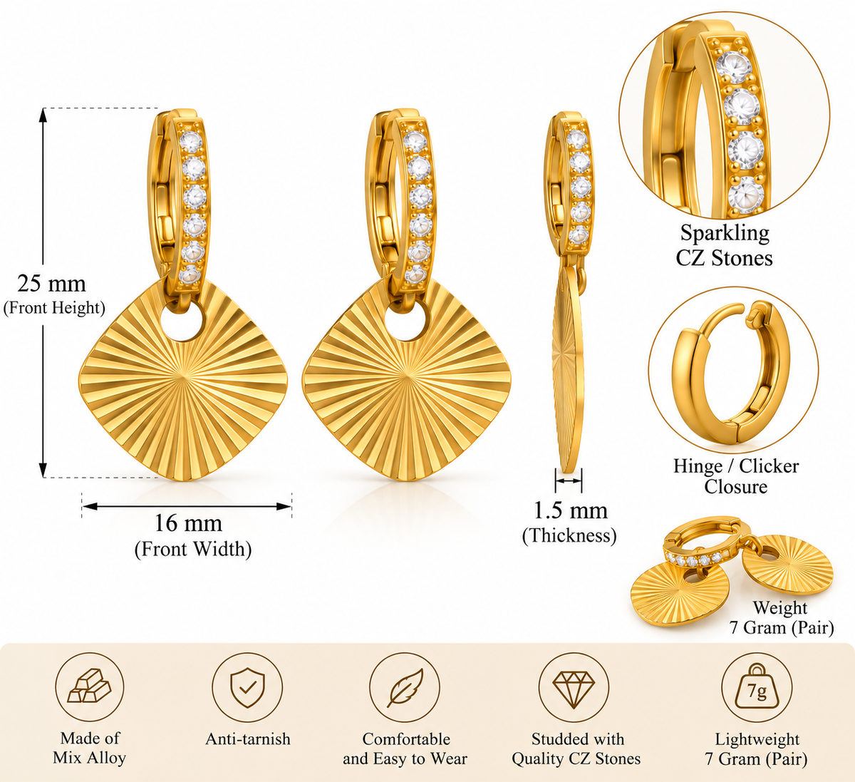 Golden CZ Sunburst Hoop Dangle Earrings