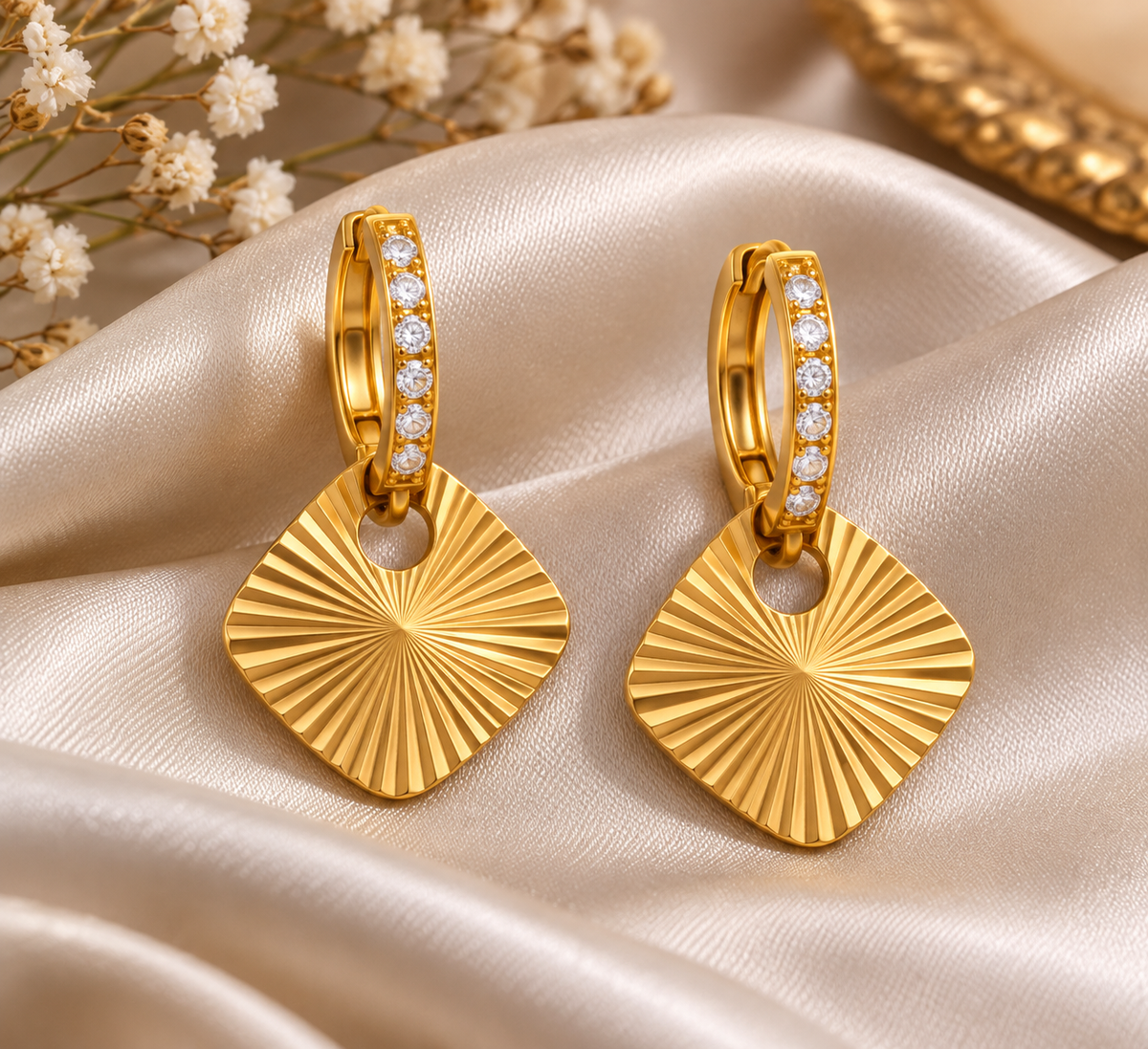 Golden CZ Sunburst Hoop Dangle Earrings