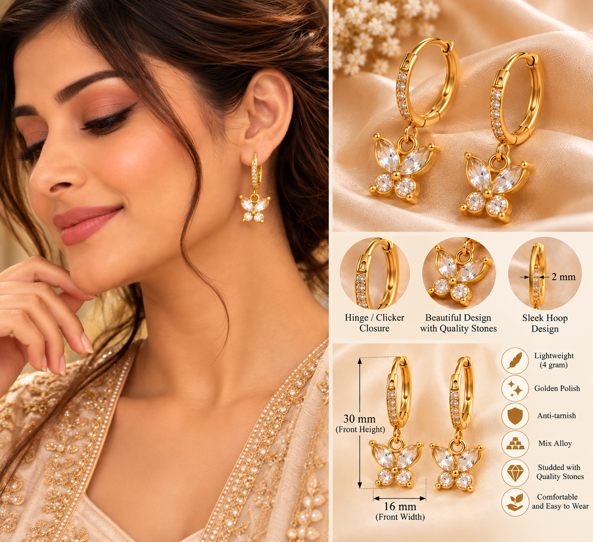 Golden Butterfly Hoop Dangle Earrings