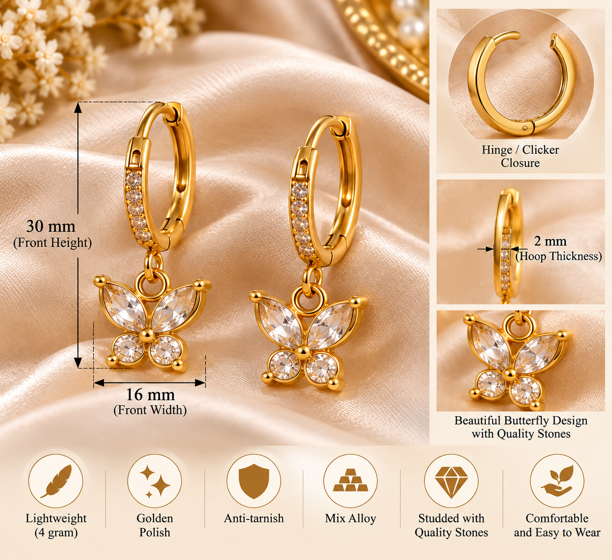 Golden Butterfly Hoop Dangle Earrings