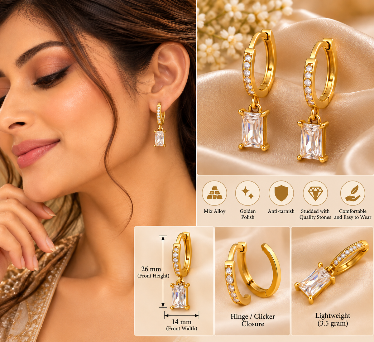 Golden Baguette Stone Hoop Dangle