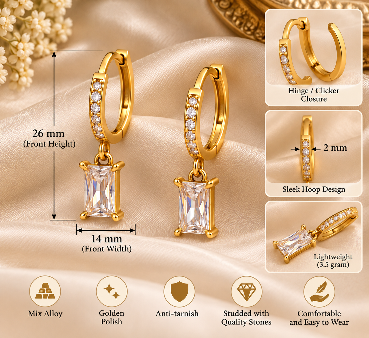 Golden Baguette Stone Hoop Dangle