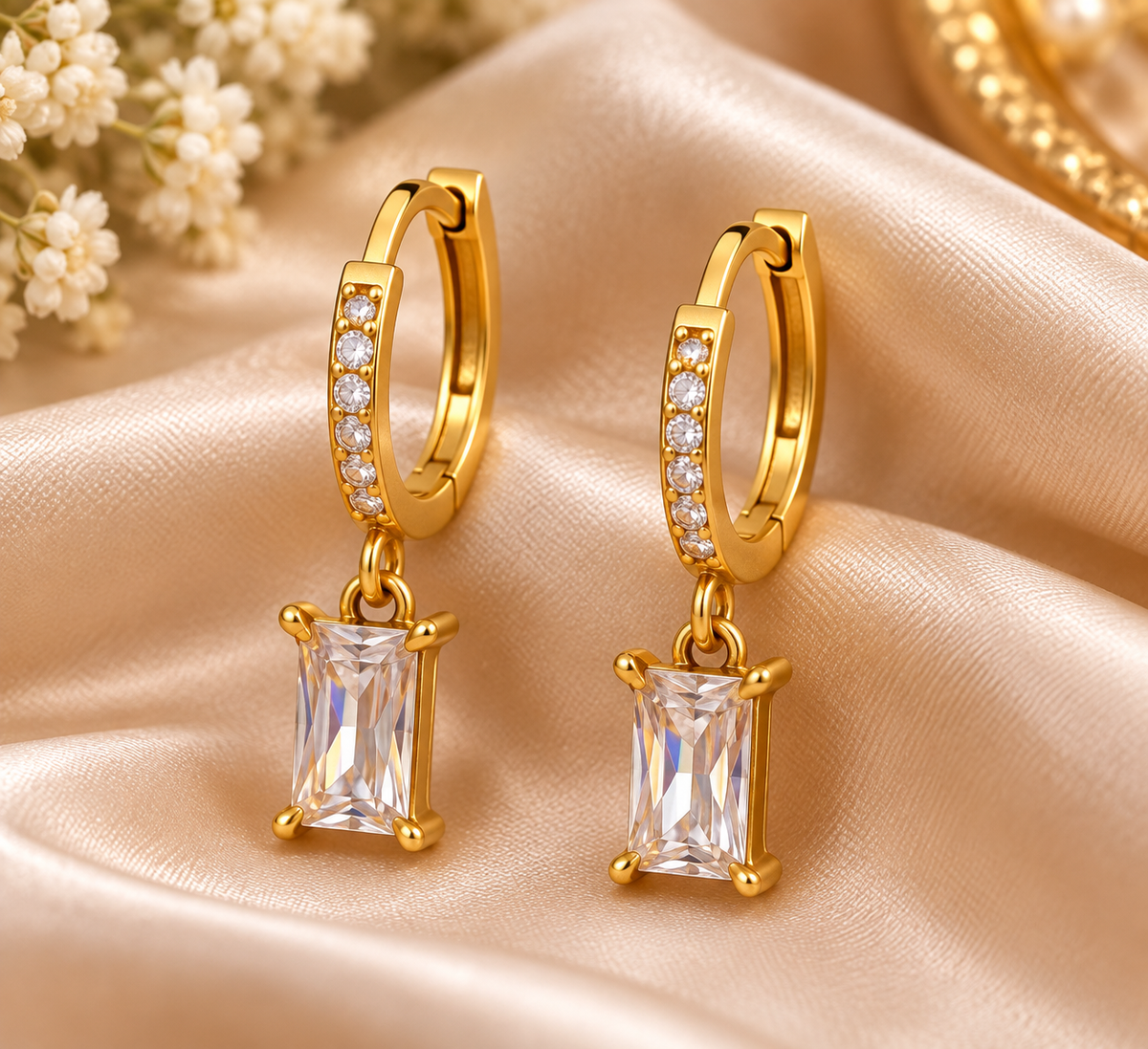Golden Baguette Stone Hoop Dangle