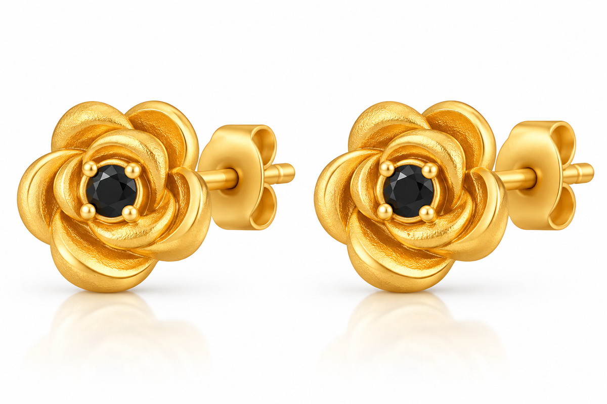 Golden Rose Floral Stud Earrings with Black Center Stone