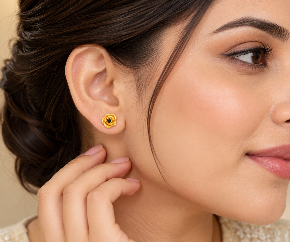 Golden Rose Floral Stud Earrings with Black Center Stone