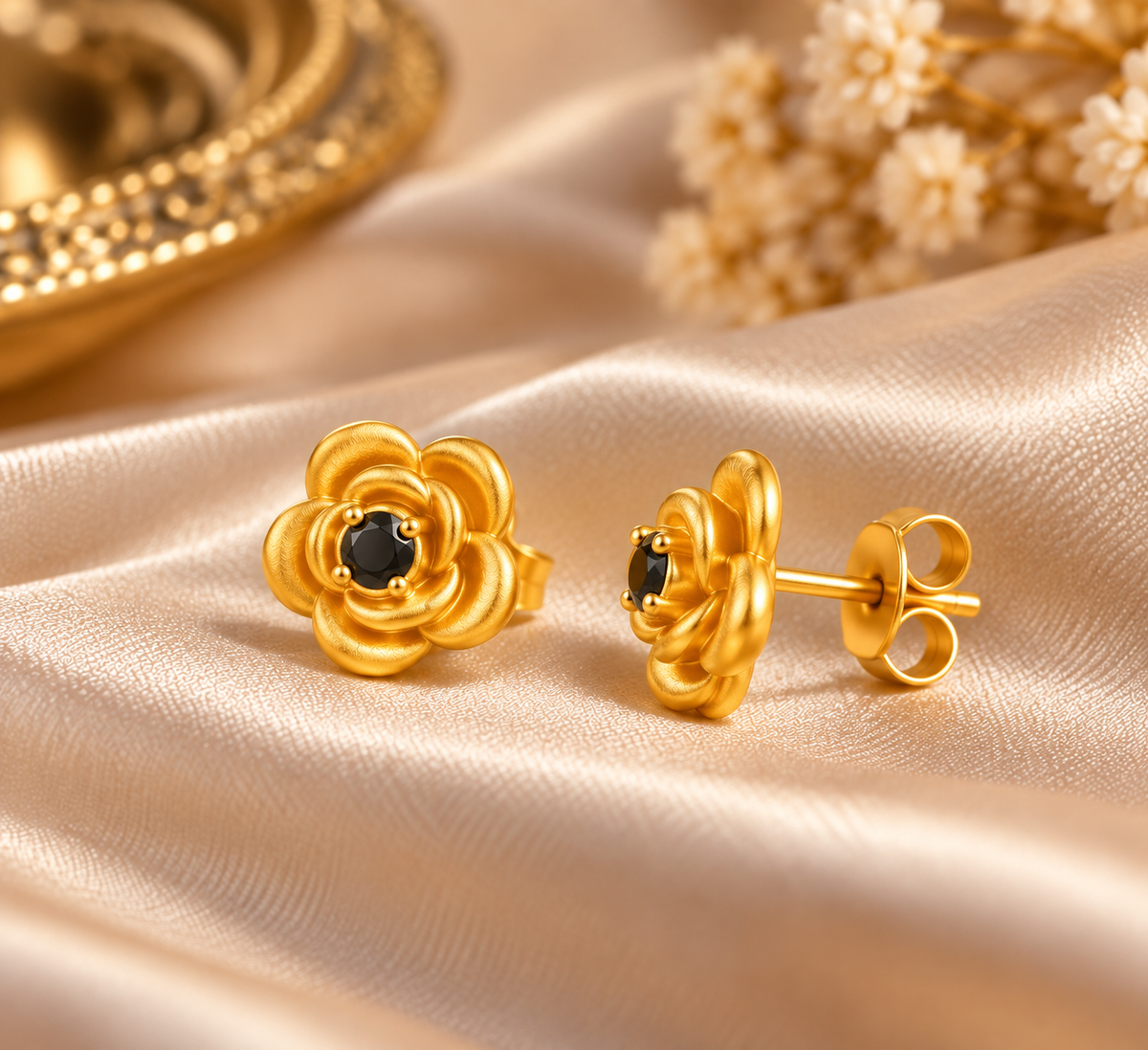Golden Rose Floral Stud Earrings with Black Center Stone