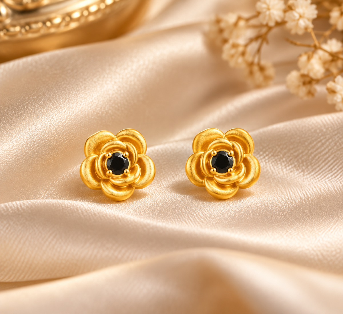 Golden Rose Floral Stud Earrings with Black Center Stone