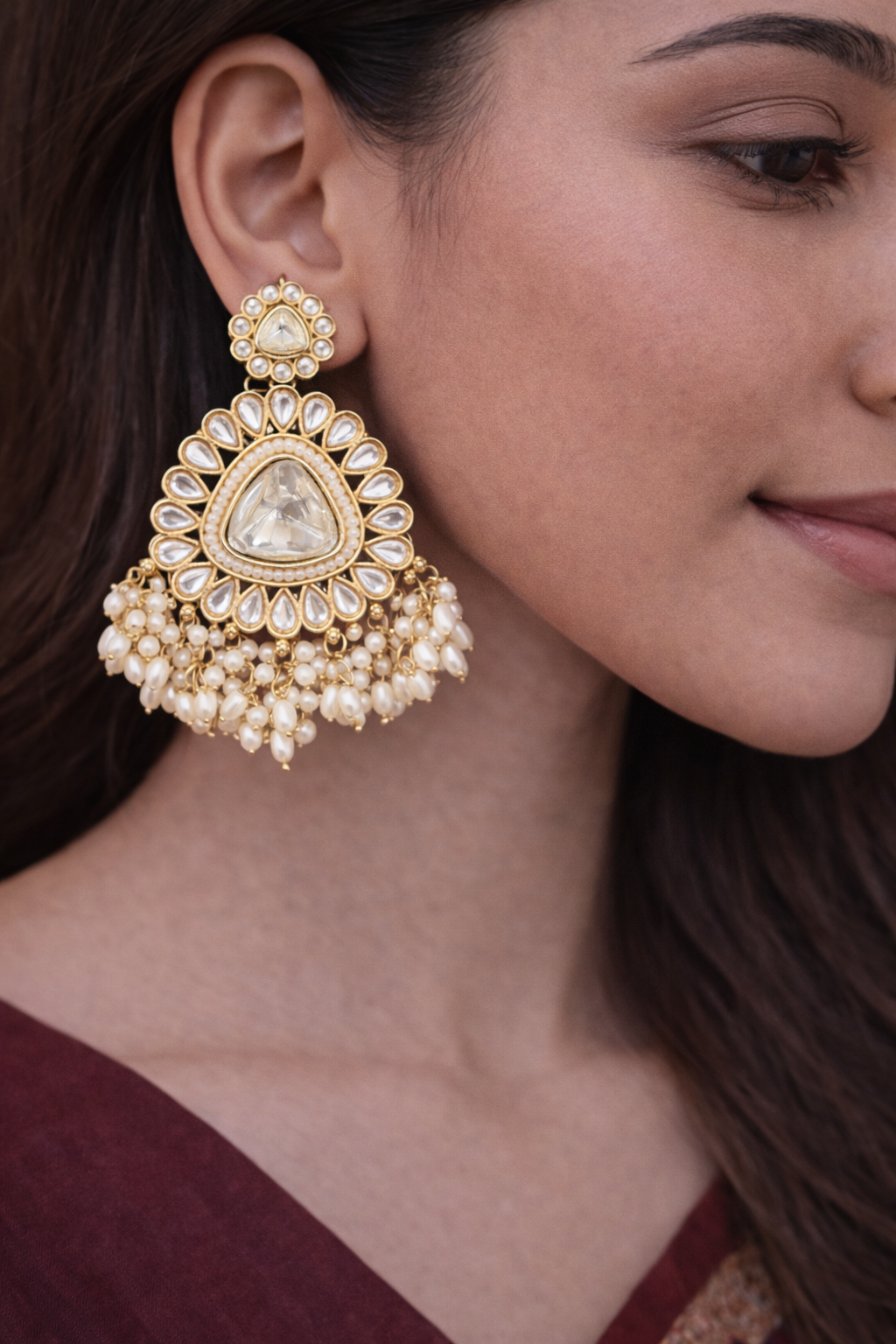 Ivory Noor Kundan Pearl Chandbali Earrings