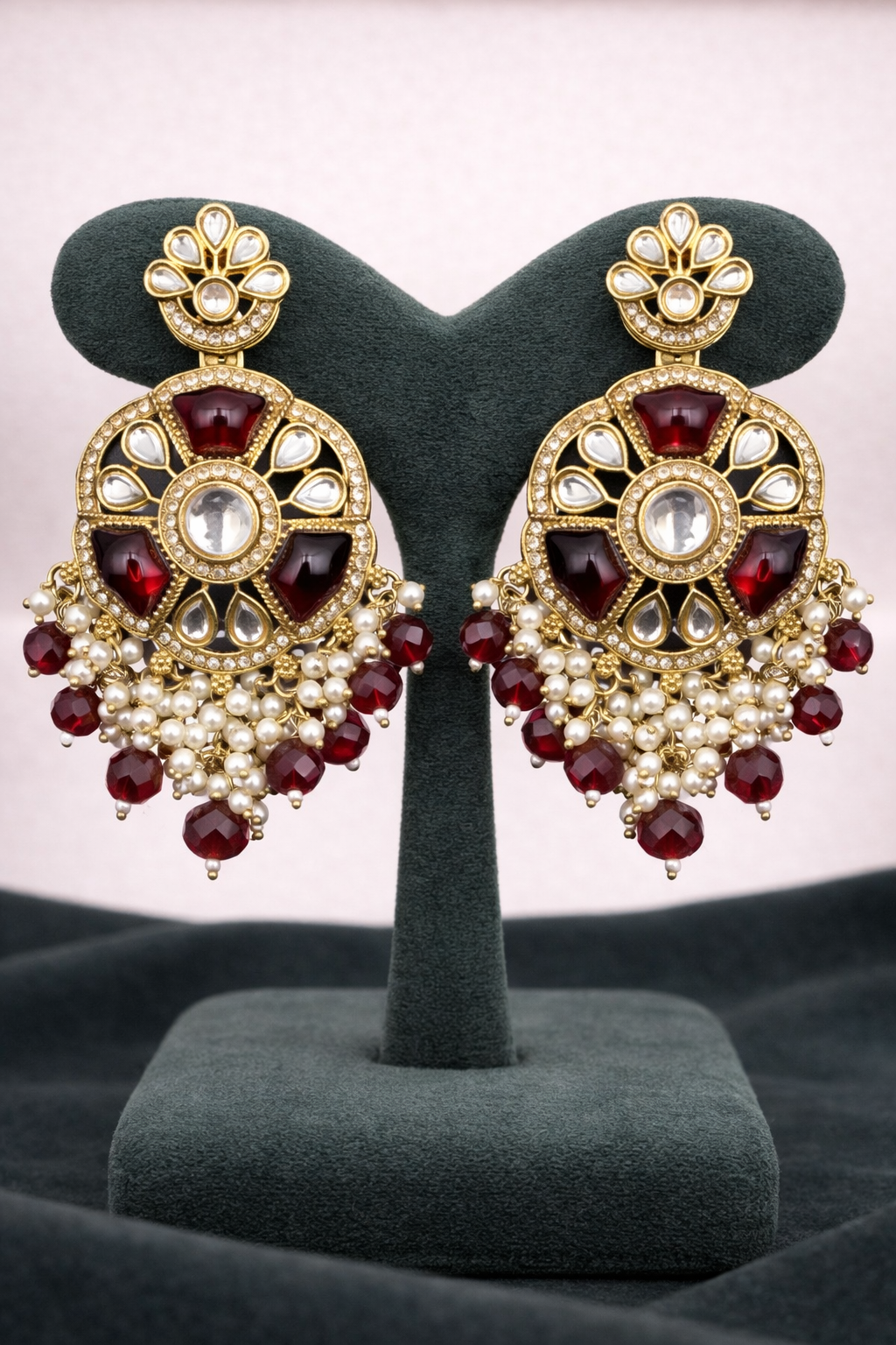 Ruby Kundan Pearl Chandbali Earrings