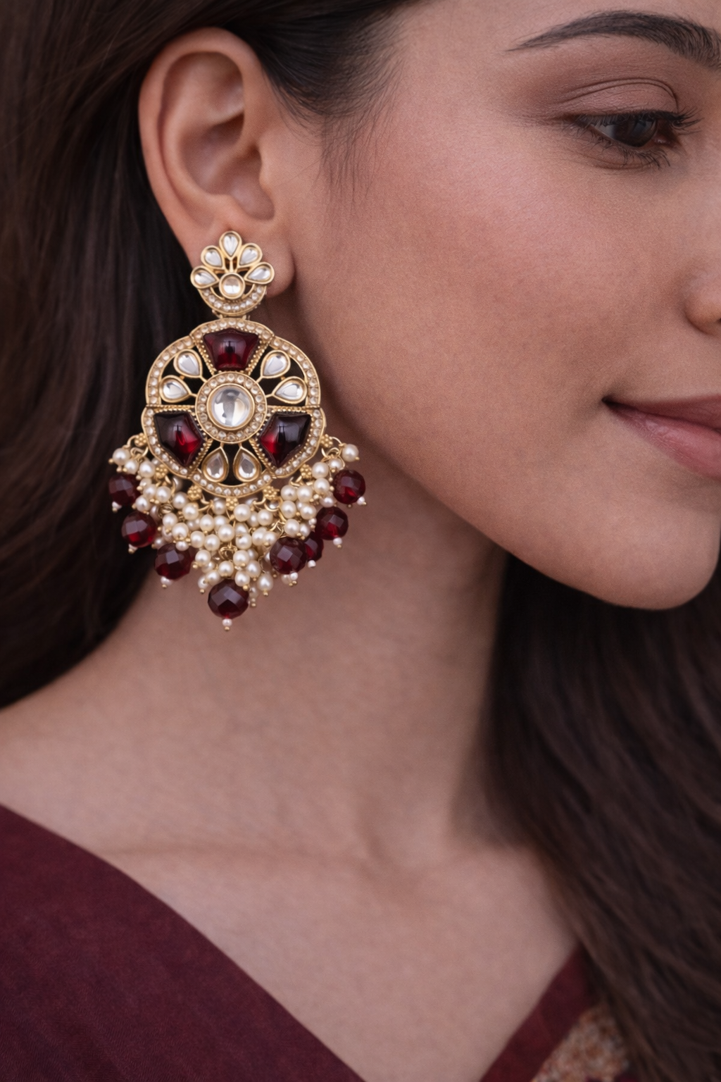 Ruby Kundan Pearl Chandbali Earrings
