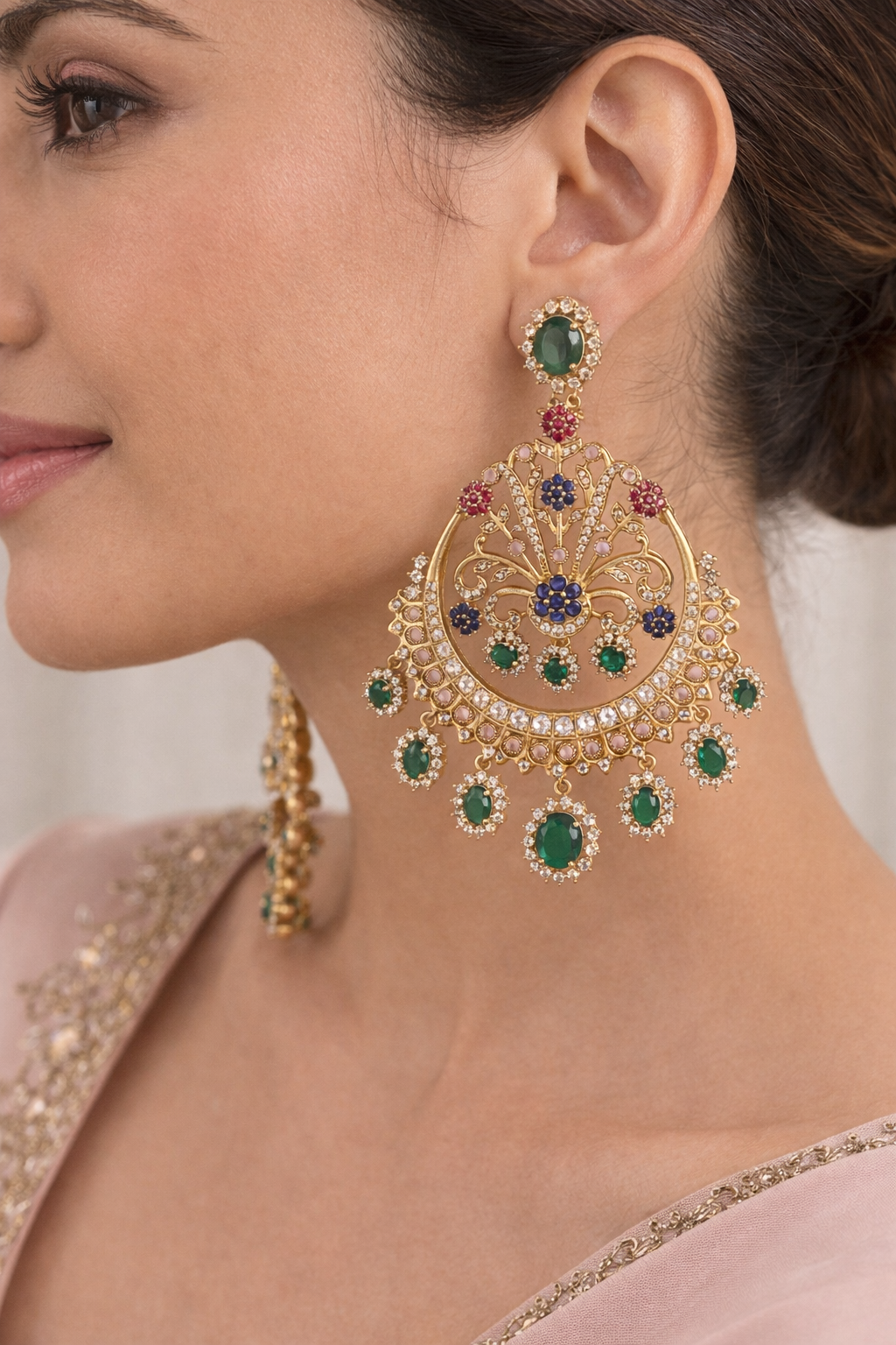 Emerald green, ruby pink & sapphire blue stone combination Earrings- Intricate filigree and floral detailing- Gold-plated