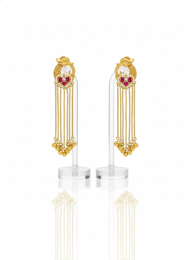Pair of gold earrings with pearls and red gemstones Peacock motif