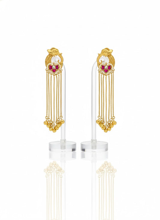 Pair of gold earrings with pearls and red gemstones Peacock motif