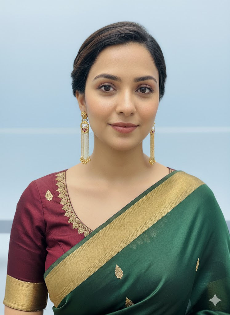 Pair of gold earrings with pearls and red gemstones Peacock motif