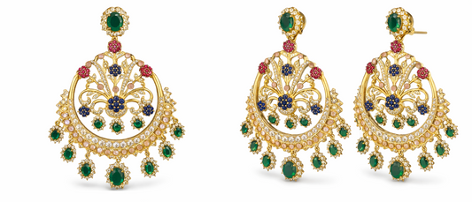 Emerald green, ruby pink & sapphire blue stone combination Earrings- Intricate filigree and floral detailing- Gold-plated