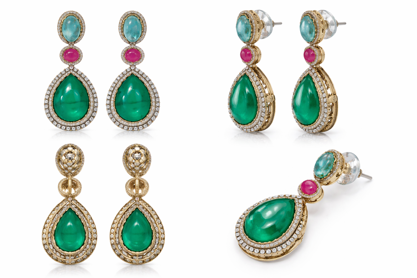 Emerald Aura Trio Drop Earrings