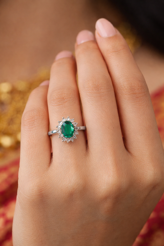 Emerald Grace Halo Silver Ring