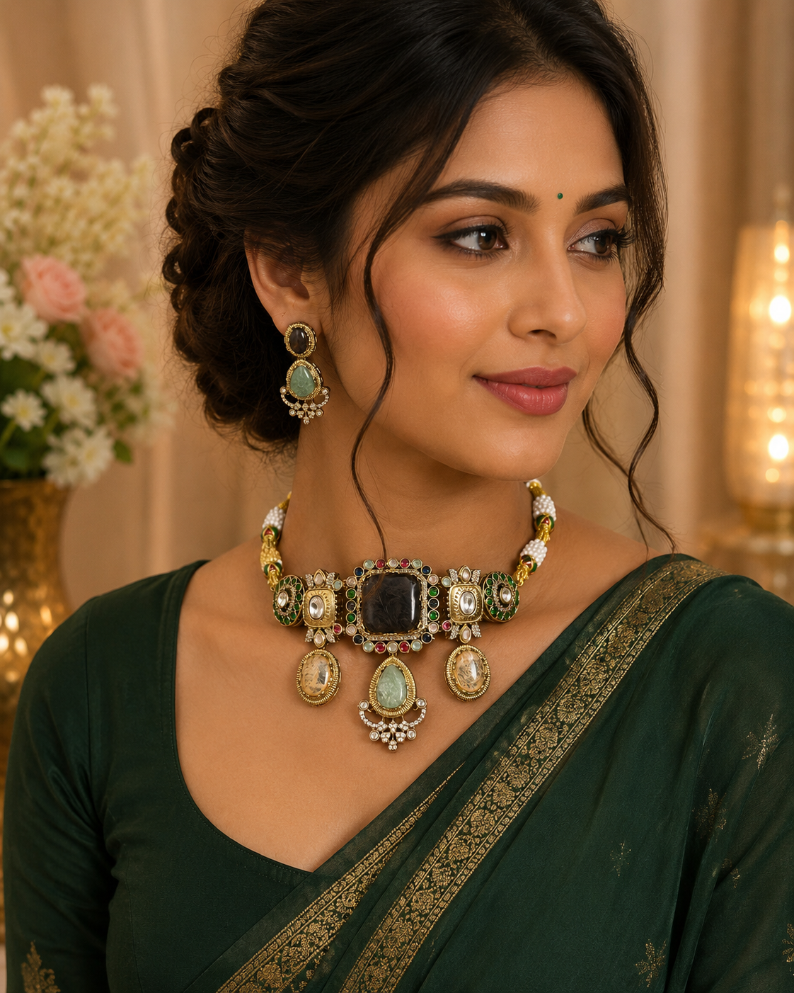 Royal-inspired cocktail choker set featuring multicolor stones, light kundan work, sparkling AD accents, and matching statement earrings.