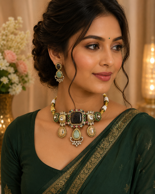 Royal-inspired cocktail choker set featuring multicolor stones, light kundan work, sparkling AD accents, and matching statement earrings.