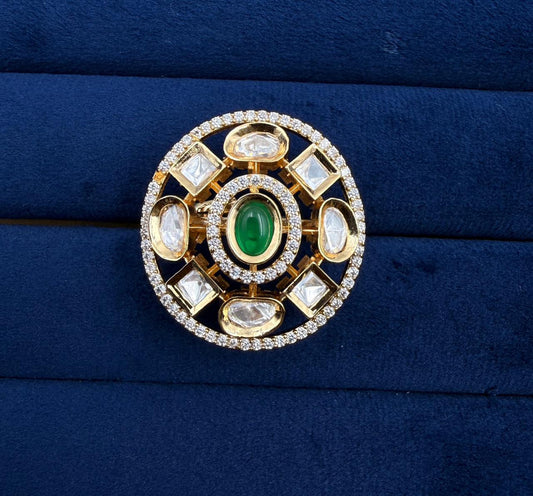 Emerald Kundan Halo Finger Ring