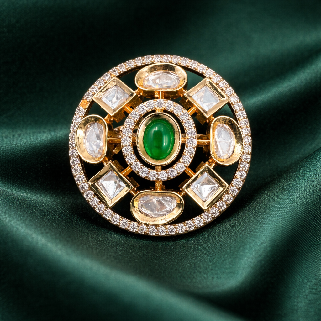 Emerald Kundan Halo Finger Ring