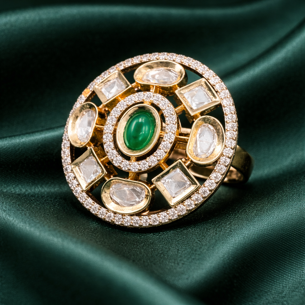Emerald Kundan Halo Finger Ring