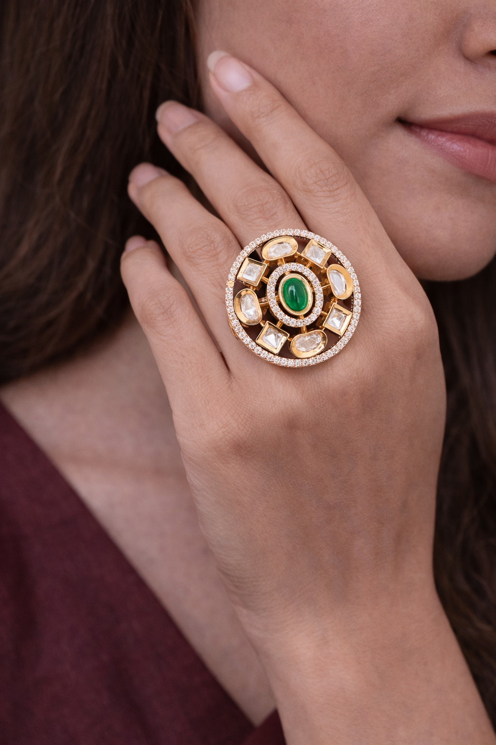 Emerald Kundan Halo Finger Ring