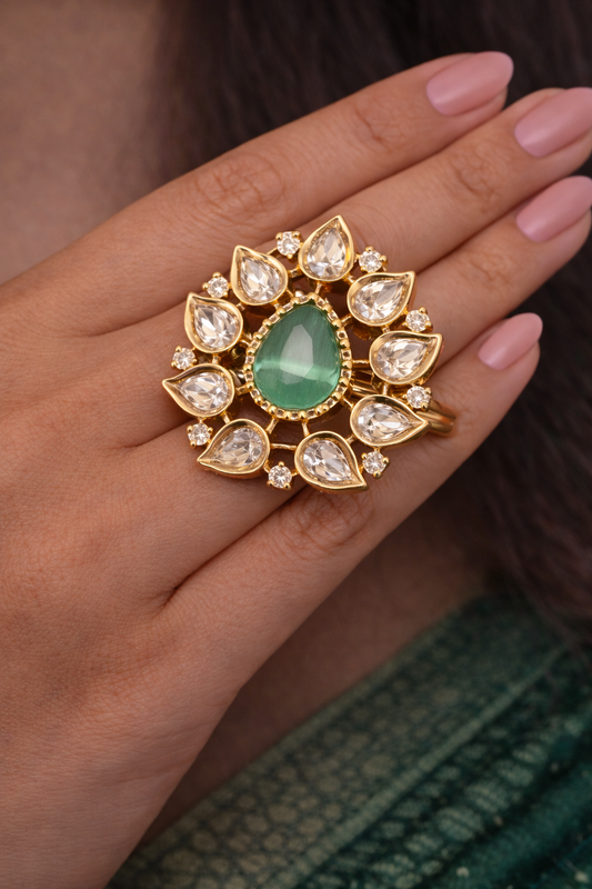 Green Teardrop Floral Cocktail Ring