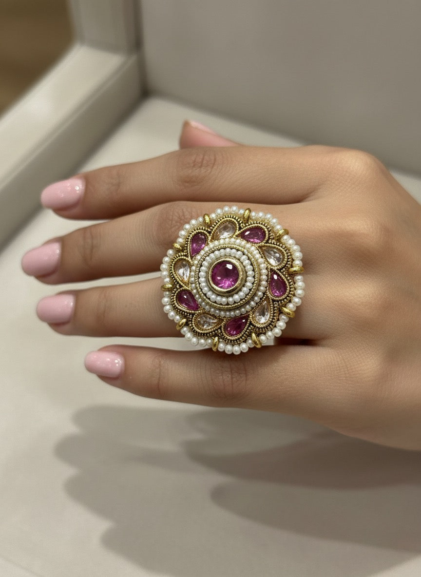 Polki Coctail ring with pearls and pink stones