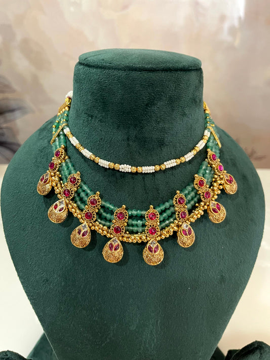 Vrinda Emerald Pearl Layered Necklace