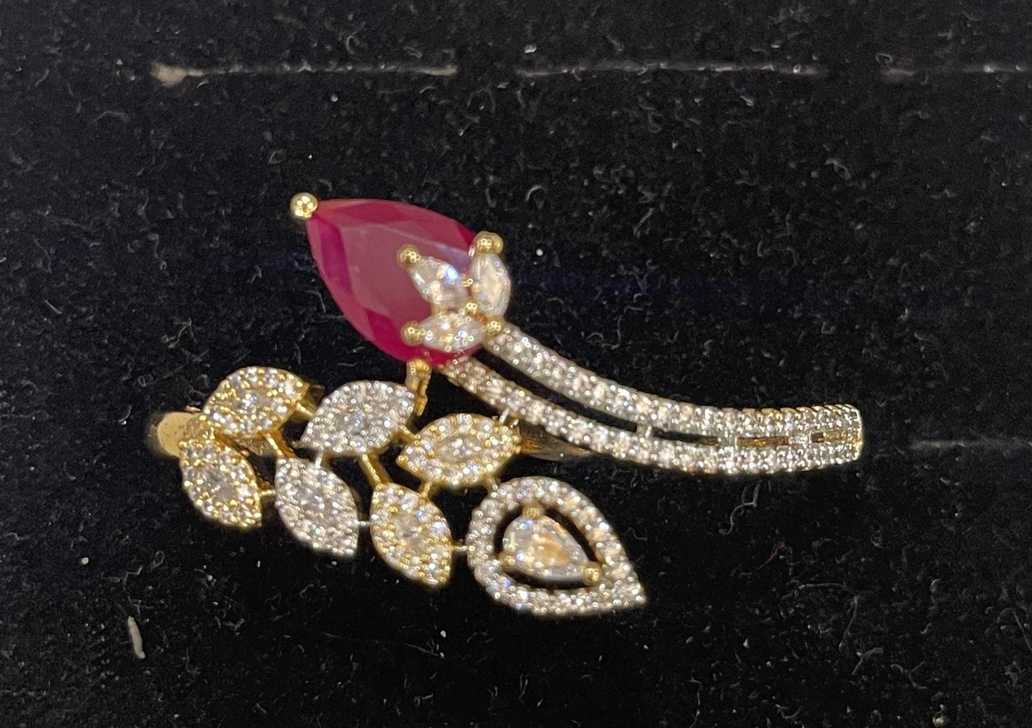 Ruby Bloom CZ Leaf Finger Ring