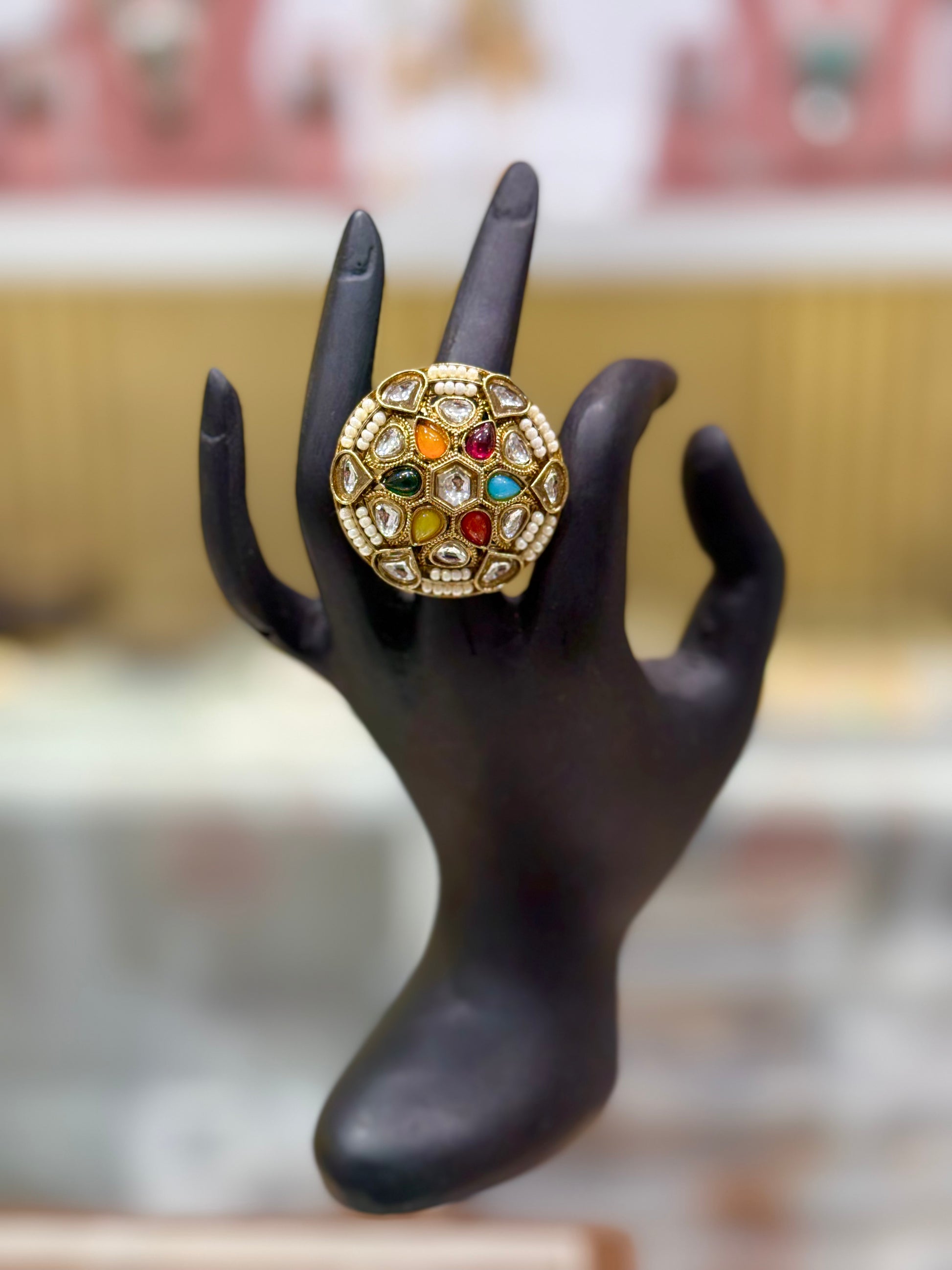 Traditional Indian Kundan  ring with golden plating and intricate craftsmanship