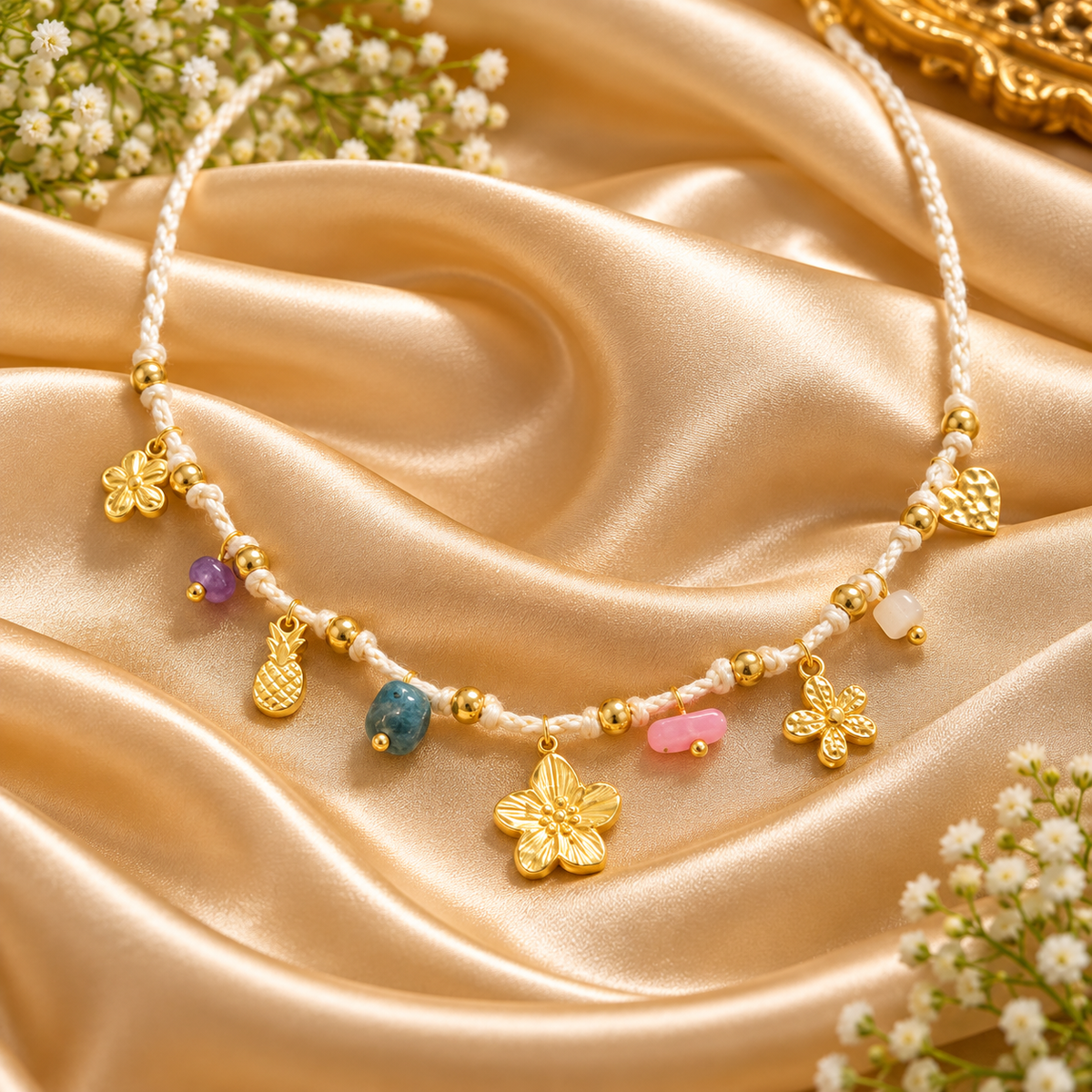 Blossom Garden Floral Woven Thread Charm Necklace